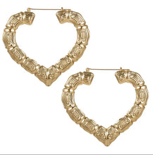 Load image into Gallery viewer, Heart shape large gold Bamboo earrings
