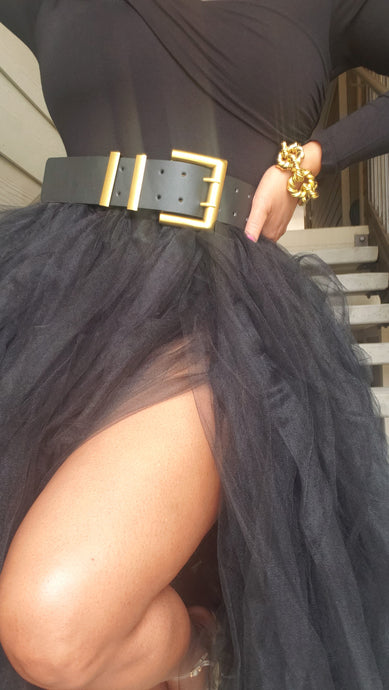 Black gold buckle wide designer belt