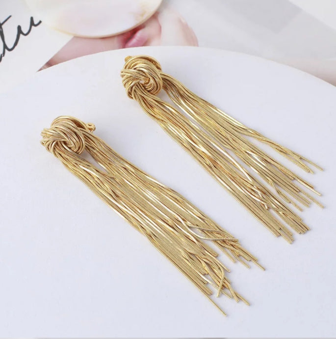 Gold dangle rope twist evening earrings
