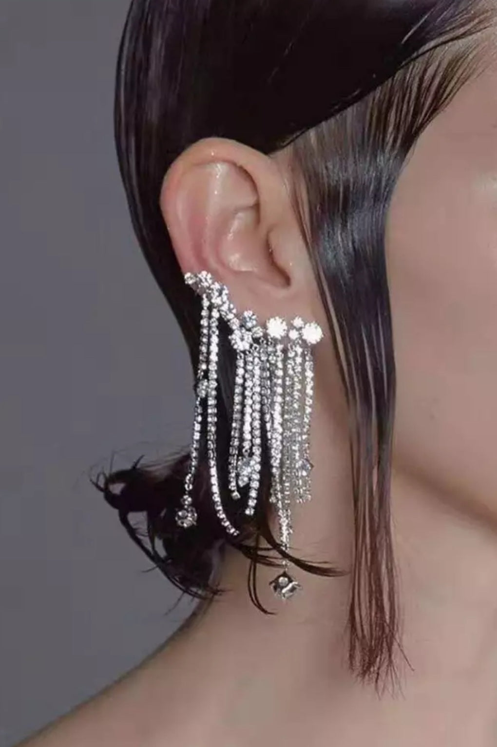 Silver rhinestone dangle ear cuff earrings