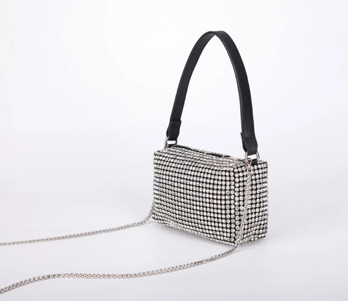 Rhinestone black crossbody mesh shoulder handbag with detachable strap
