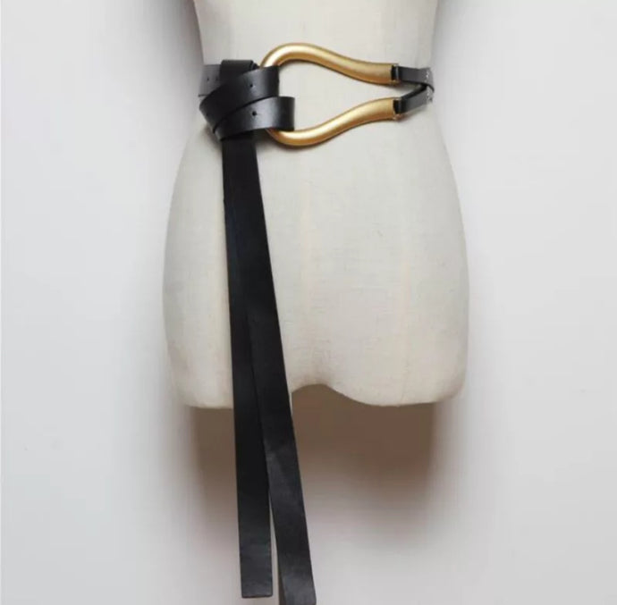 Black double strap designer belt with large gold buckle